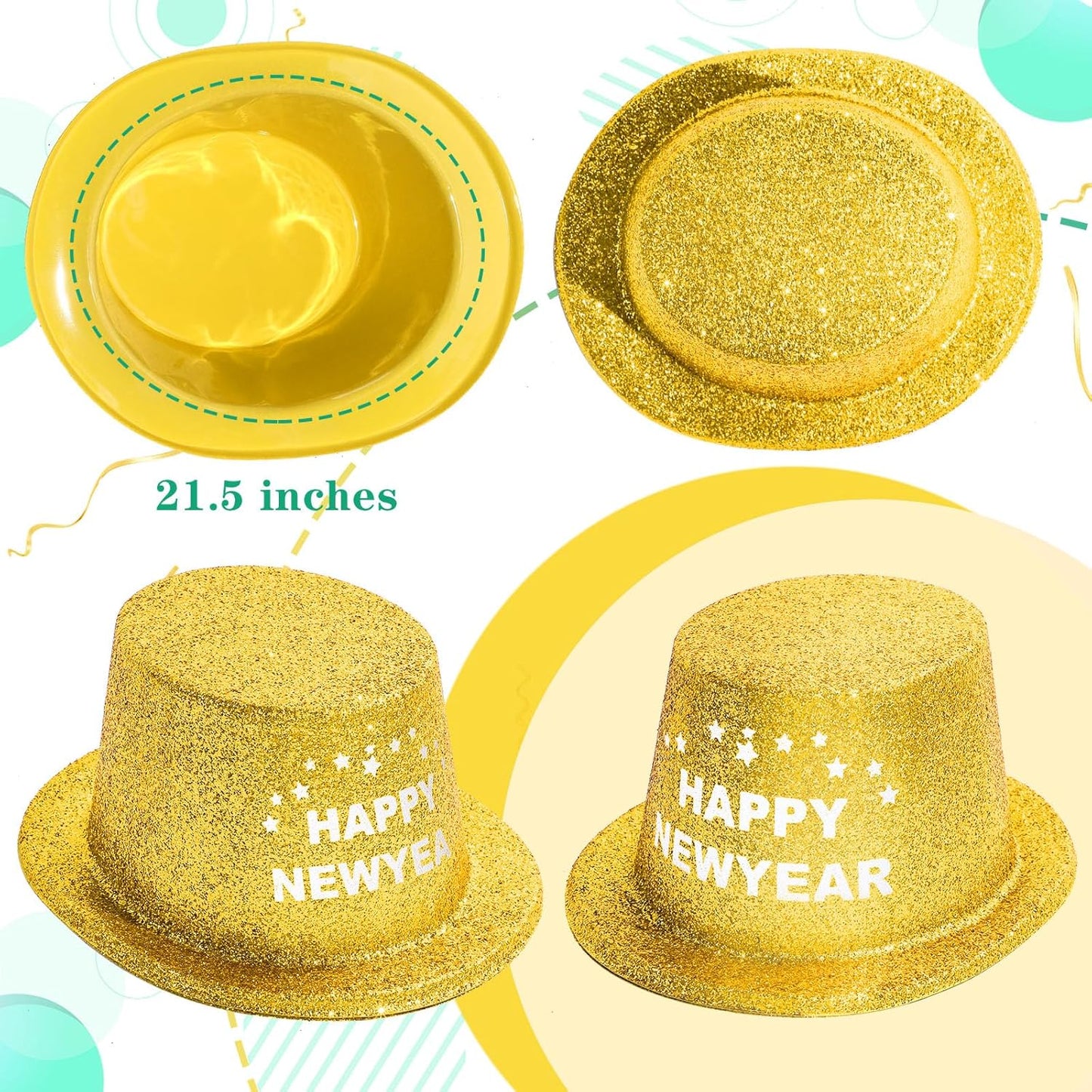 Hillban 12 Pcs Top Hats Halloween Glitter Plastic Retro Disco Party Hats for Halloween Magician Birthday Wedding Carnivals(Golden with Letter,Novel)