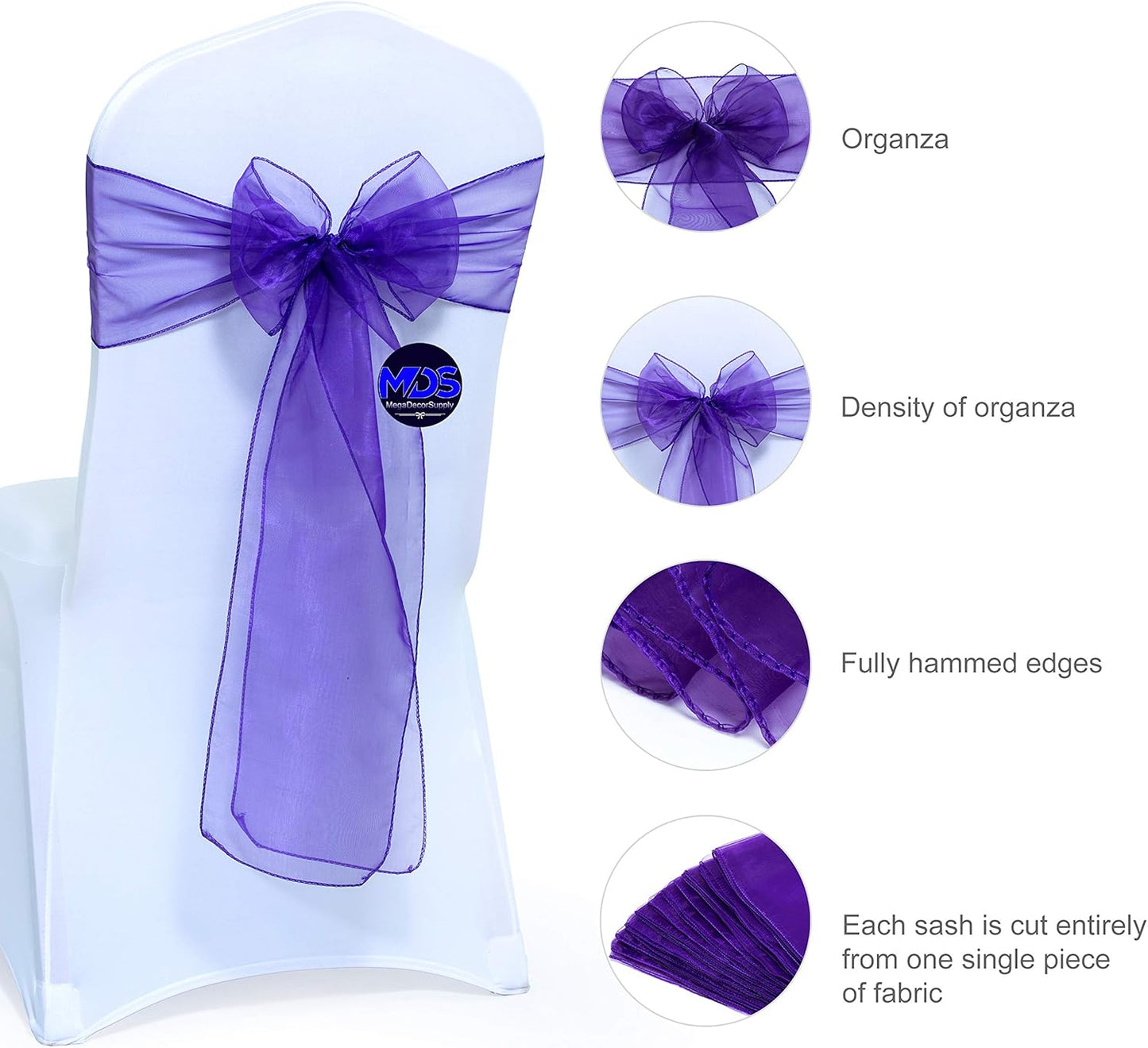 MDS Pack of 125 PCS Organza Chair Sashes Wider Dining Chair Bows Ribbon Tie Back for Wedding Party Birthday Bridal Shower Reception Event Banquet Home Chair Cover Decoration - Purple