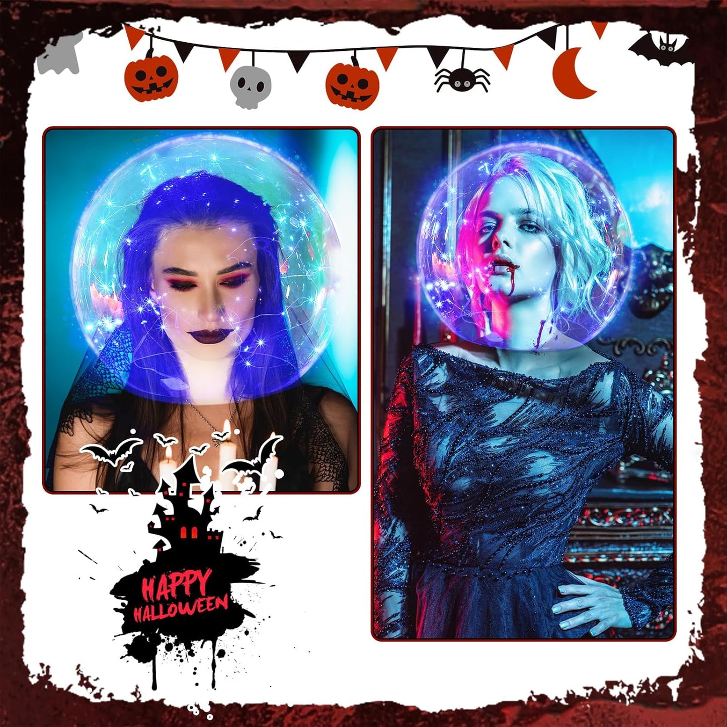 Halloween 14" Clear Acrylic Globe Decoration costume Set for Haunted House with 8.6" Neckless Opening with Blue String Lights 9.8ft Smooth Textured for Halloween