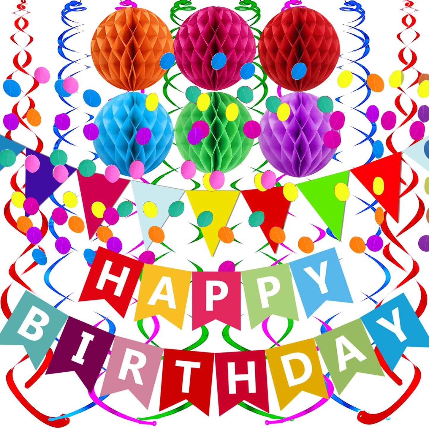 Fecedy Happy Birthday Banner With Colorful Paper Flag Bunting Paper Circle Confetti Garland Swirl