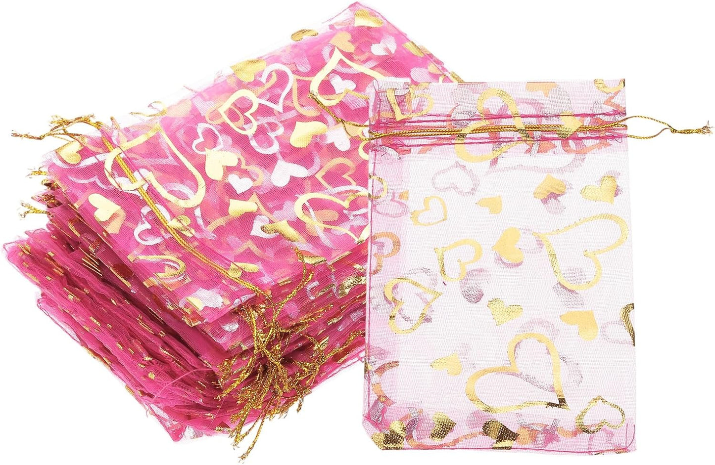 PATIKIL 100 Pcs 4x6 Inch Heart Printed Organza Bags, Rose Red Sheer Heart Organza Bags with Drawstring for Christmas Candy Jewelry Party Wedding Favor Gift