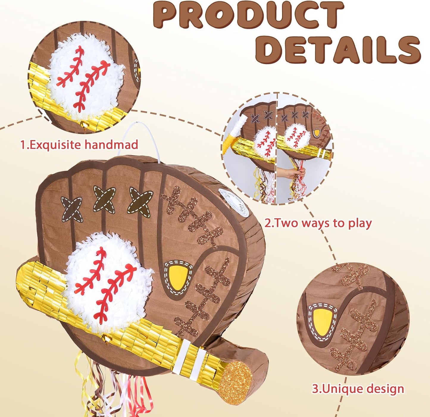 WERNNSAI Baseball Piñata - Baseball Piñata Bundle with Blindfold and Bat Sports Birthday Party Decorations for Boys Kids Pull String Baseball Gloves Piñata Family Games Baseball Party Supplies