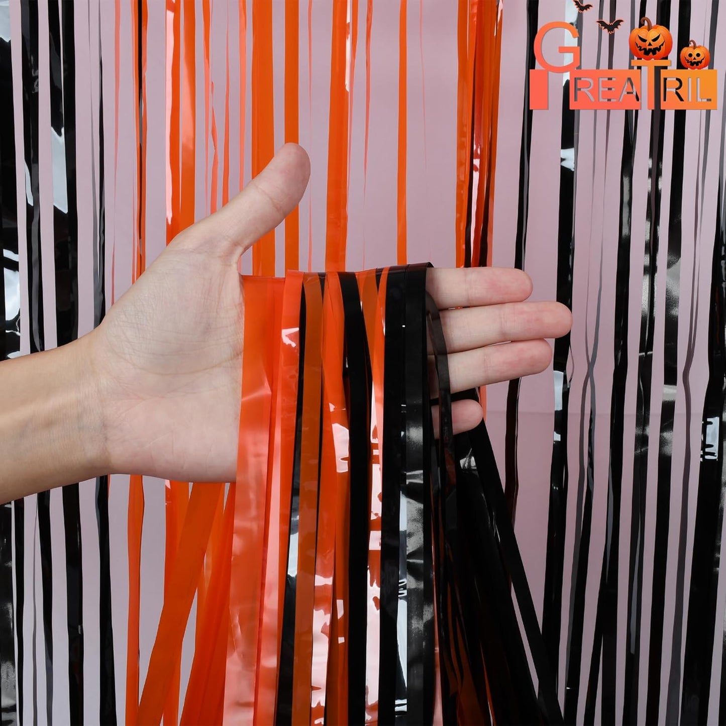 Black Orange Streamers Party Backdrop - GREATRIL Tinsel Fringe Curtain for Halloween Decorations/Pumpkin/Birthdays Party Decoration - 3.2ft X 8.2ft - 2 Packs