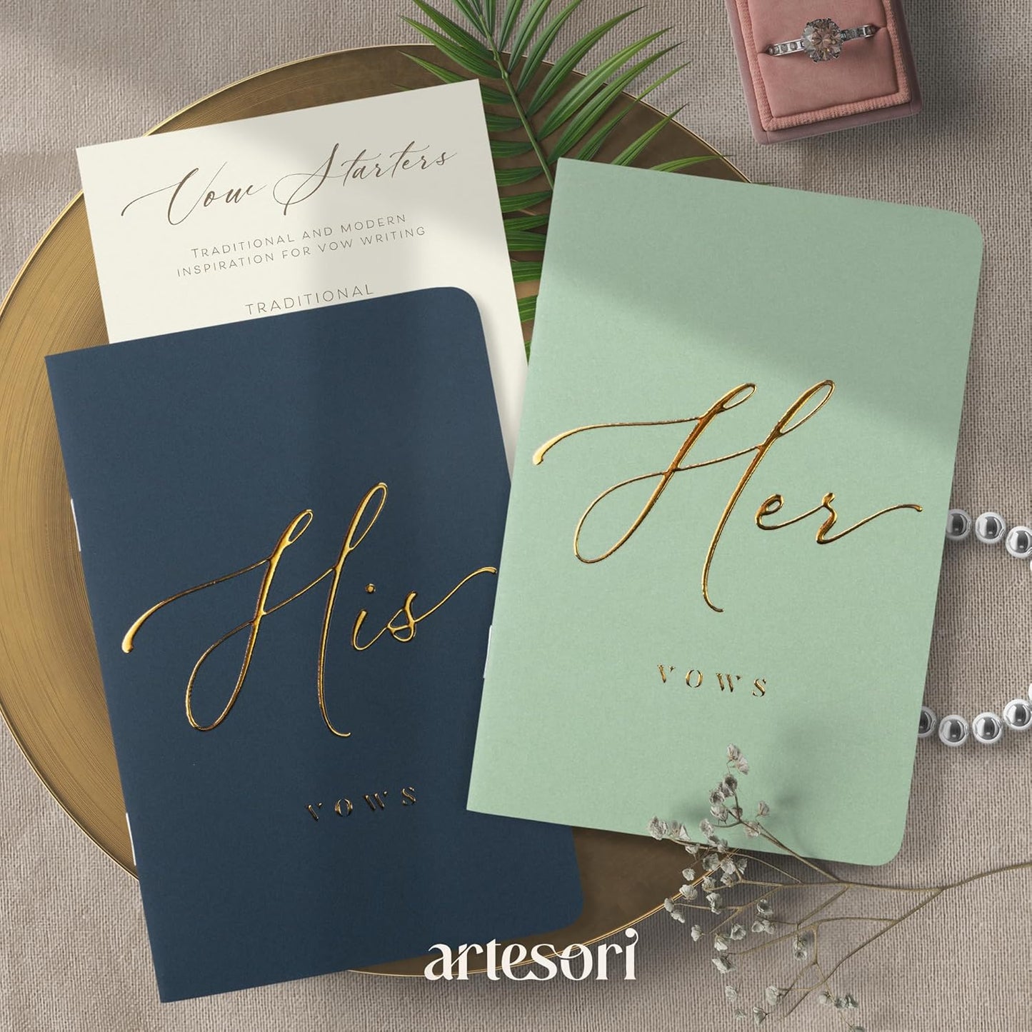 ARTESORI Wedding Vow Book for Her & Him, Soft Touch, Gold Engraving, 28 Lined Pages, Wedding Vow Books His and Hers, Wedding Essentials, Wedding Registry Gifts, His and Hers Gifts [Mint & Navy]