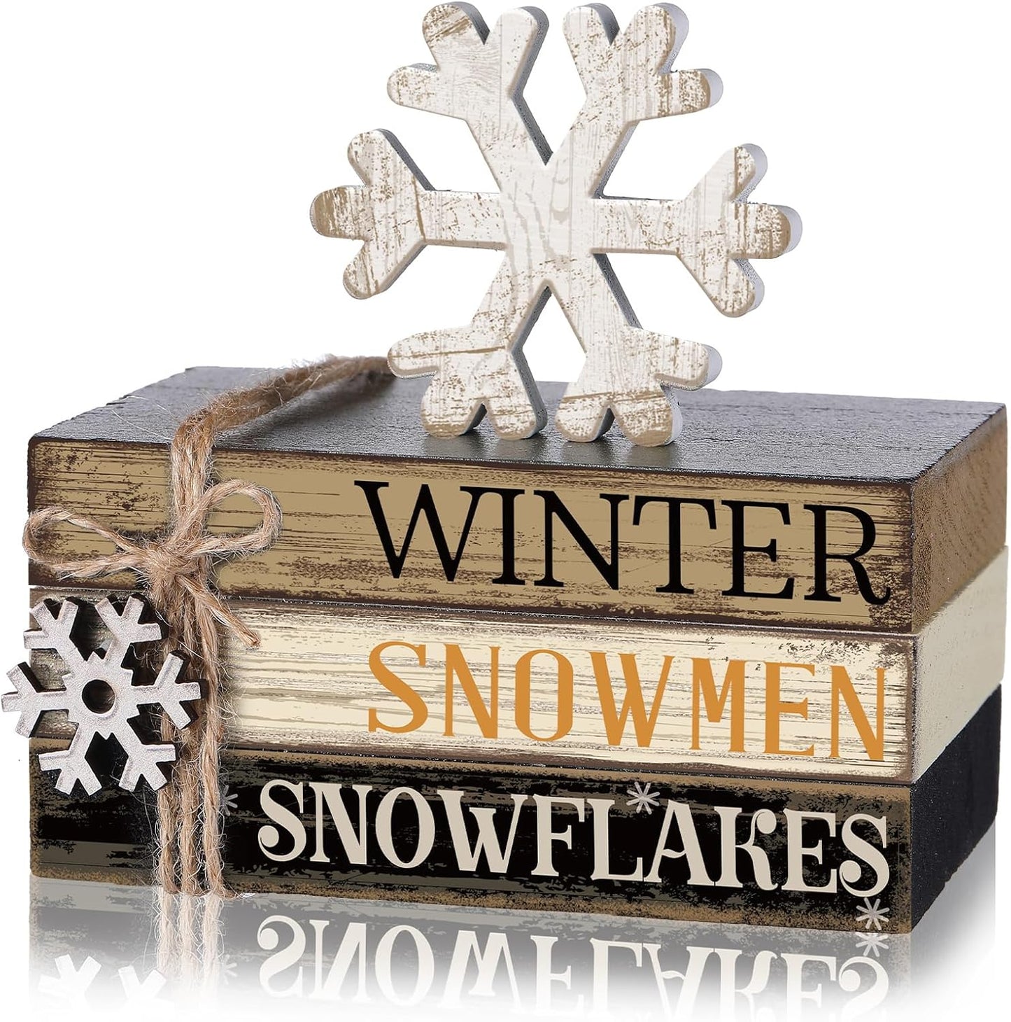 4 Pcs Winter Table Decorations Snowmmen Tiered Tray Decorations Christmas Mini Snowflake Wooden Books Signs for Office Shelf Classroom Tabletop Bookshelf