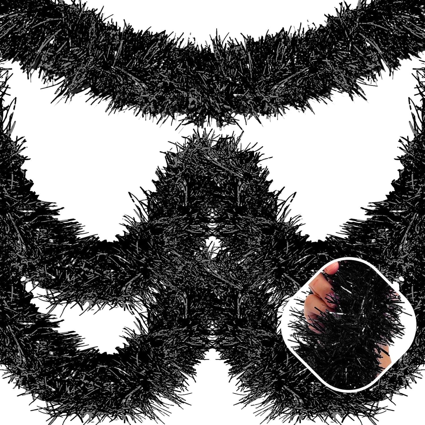 25 Feet Black Christmas Tinsel Garland, Metallic Foil Twist Garland Wall Hanging Tinsel Banner Backdrop for Parade Floats, Easter, Mother's Day, Birthday Party Decorations (4in x 25ft)