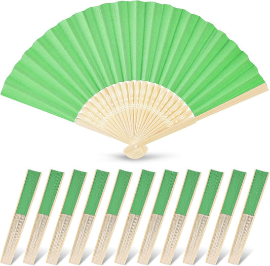 JOHOUSE 12PCS Foldable Hand Fan, 8.3 Inch Green Paper Fans for Woodland Baby Shower Decorations, Wedding, Outdoor Party Favors, Bridal Shower DIY Crafts Photography Prop