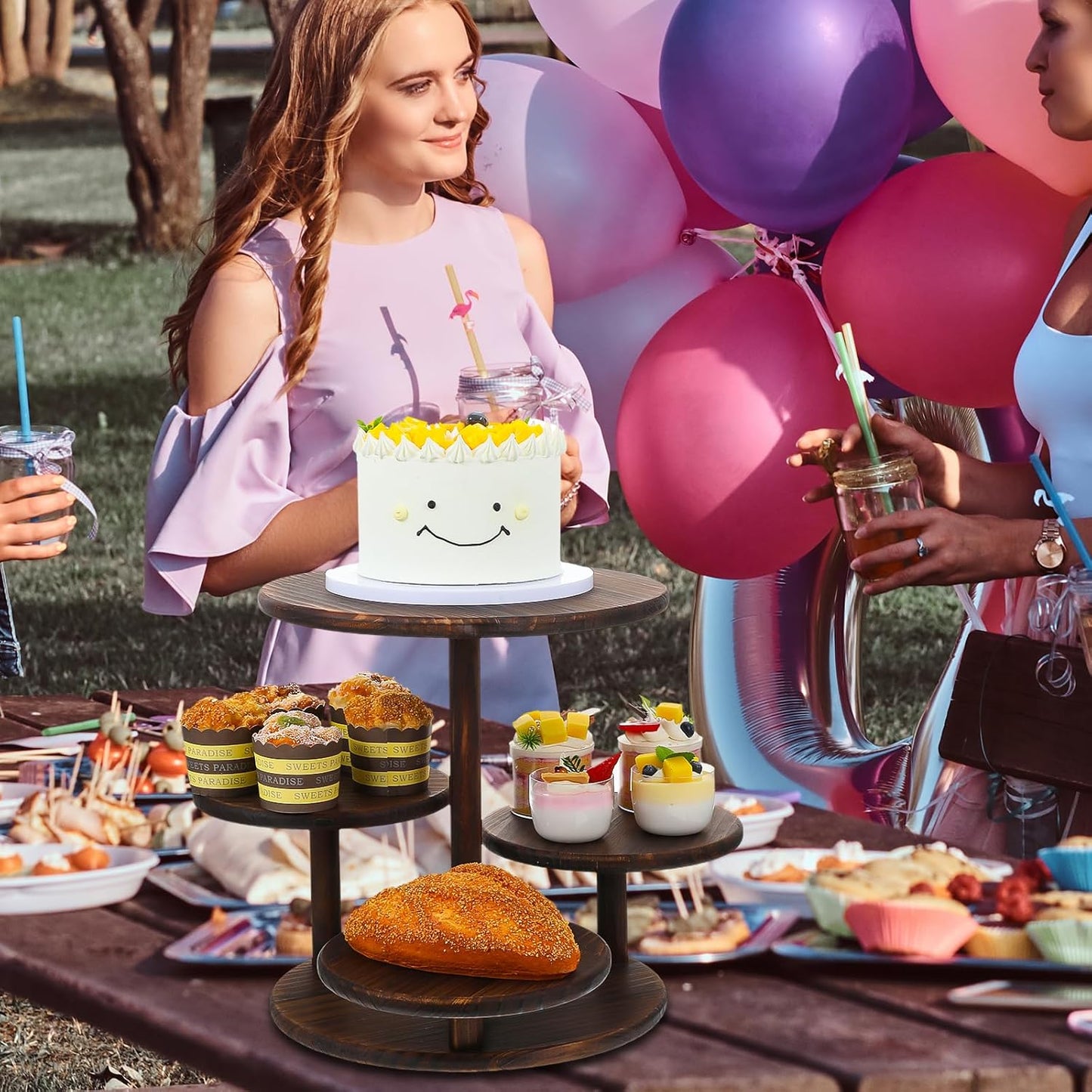 4 Tier Round Cupcake Tower Stand, Wooden Rotatable Cupcake Stand for 50 Cupcakes 360° Whirling Large Dessert Display Tiered Rustic Cake Tower for Wedding Birthday Graduation Baby Shower Tea Party