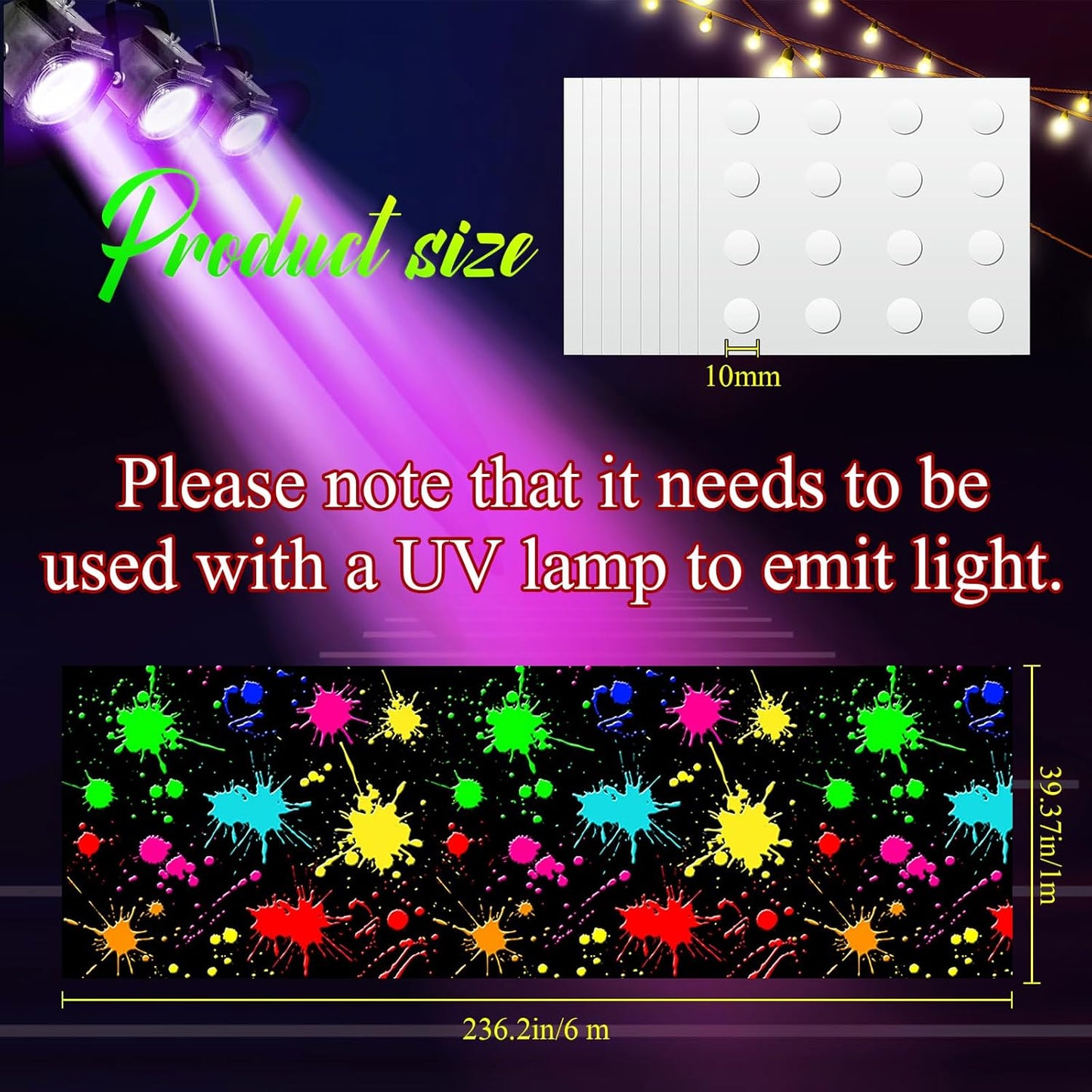 Haull 236 x 39 Inch Neon Light up Dance Floor Glow in The Dark Floor Runner Neon Party Decorations UV Blacklight Reactive Fluorescent Wall Props for Glow Disco Party Favors(Ink)