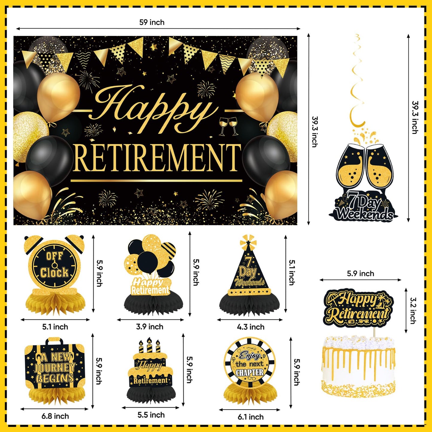 Retirement Party Decorations for Men Women Black Gold Happy Retirement Banner Backdrop Honeycomb