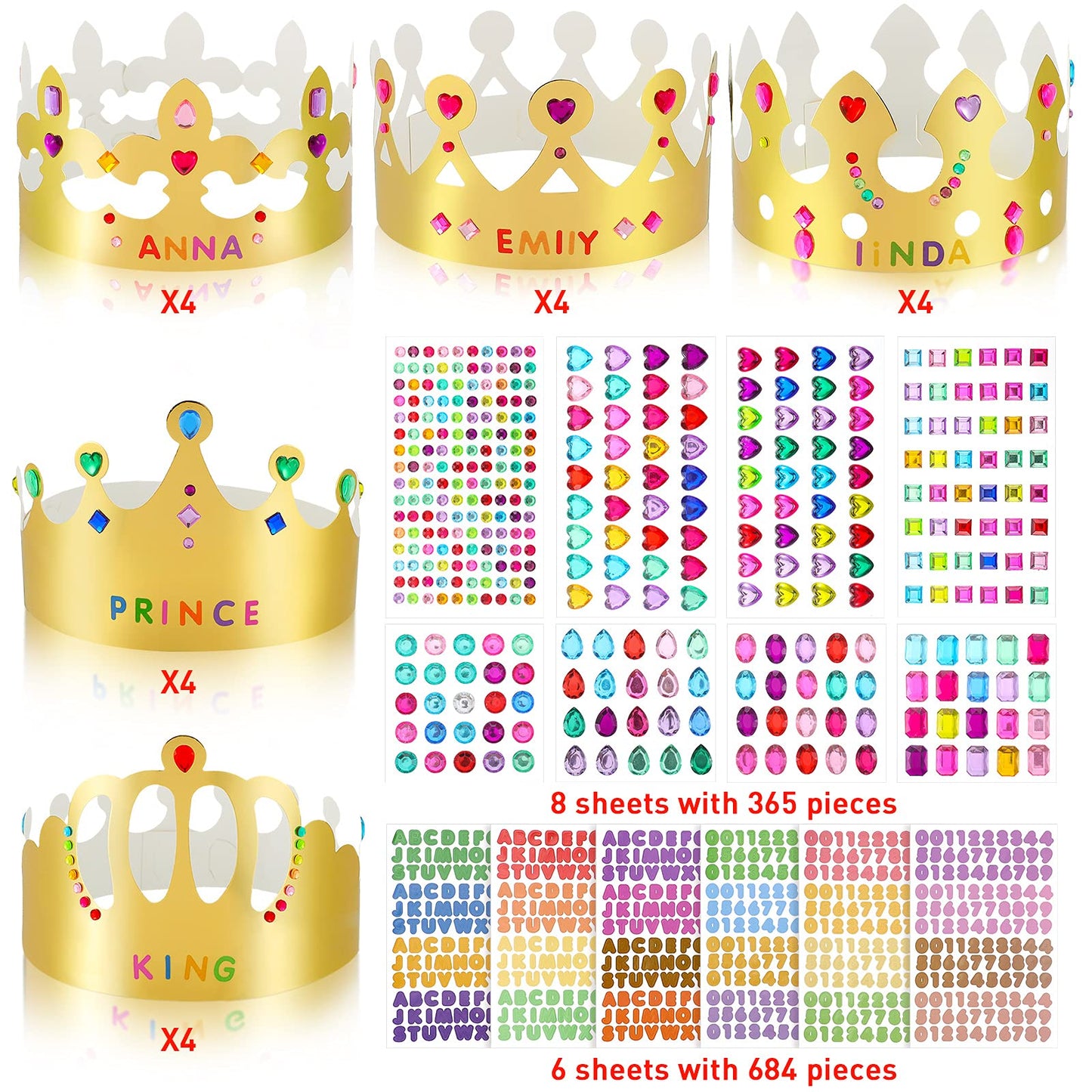 Chinco 34 Pcs DIY Gold Paper Crown for Kids Birthday Party with Gem Sticker