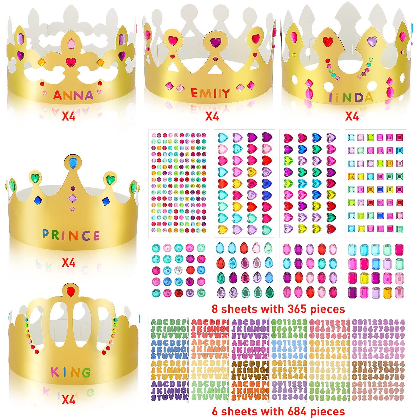Chinco 34 Pcs DIY Gold Paper Crown for Kids Birthday Party with Gem Sticker