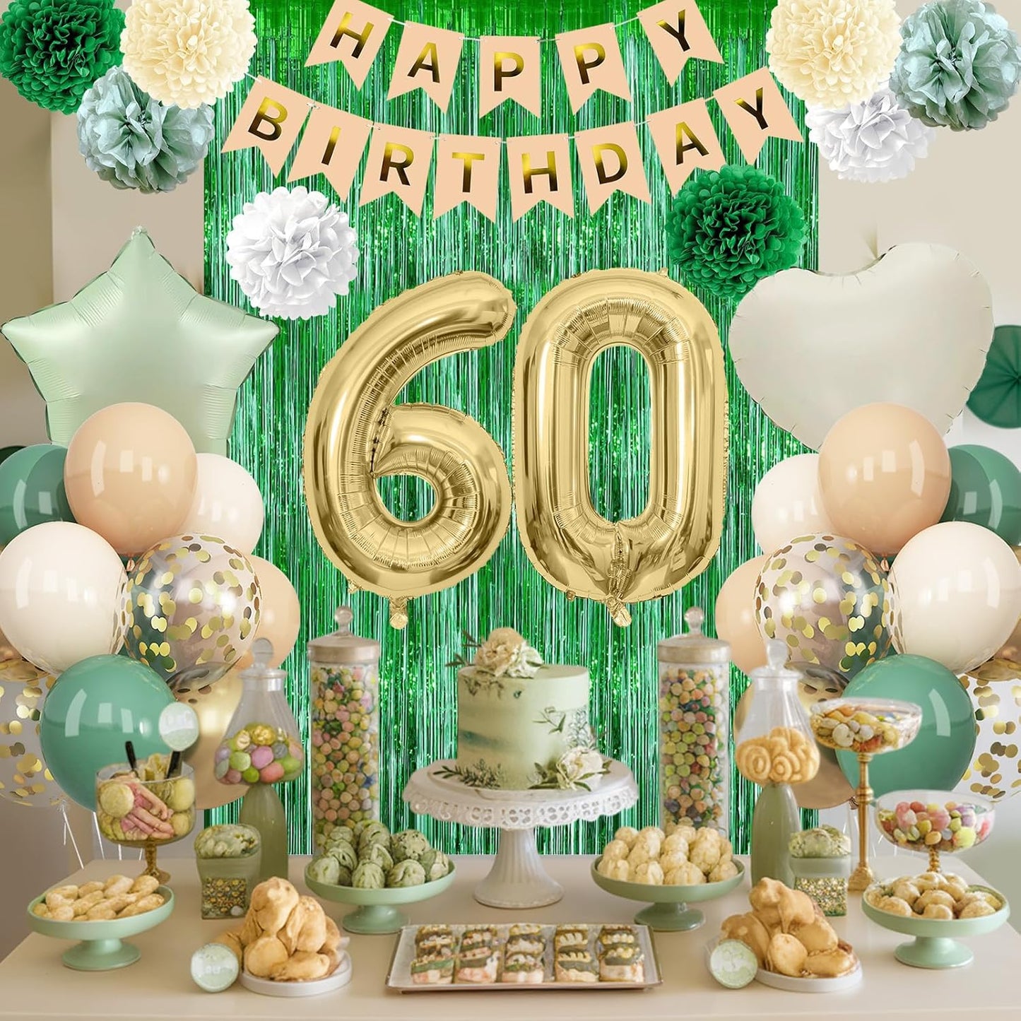 Sage Green 60th Birthday Decorations for Men Gold Number 60 Balloon Nude Gold Happy Birthday Banner Fringe Curtain Paper Pom Poms Olive Green Cream White Sand Star Foil Balloons Party Decor