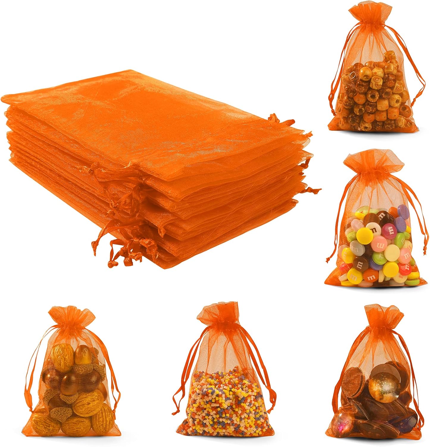 ANZNKU 50 Pack Organza Bags 4 x 6 inch Premium Sheer Drawstring Small Gift Bags for Halloween Candy Jewelry Party Wedding Halloween Christmas Favor (Orange)