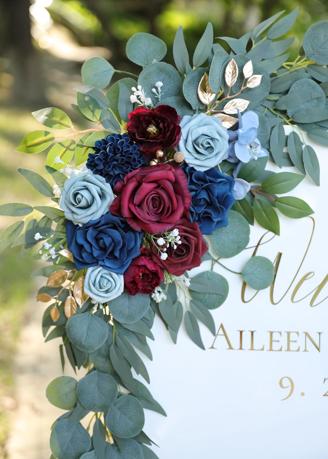 Artificial Navy Blue and Burgundy Wedding Arch Flower Swags Set of 2 for Welcome Signs, Reception and Ceremony Decorations - Navy Blue Floral Decor