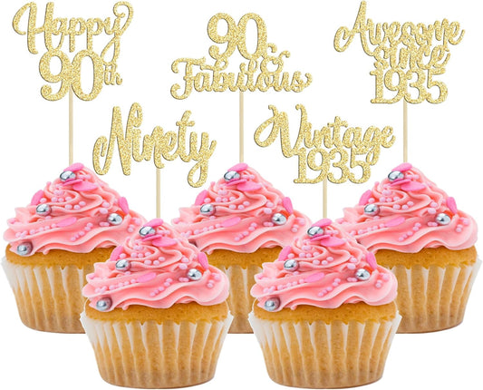 30Pcs Vintage 1935 Cupcake Toppers Glitter Ninety Happy 90th Birthday 90 Fabulous Cupcake Picks Awesome Since 1935 Cake Decorations for 90th Birthday Anniversary Retirement Party Supplies Gold