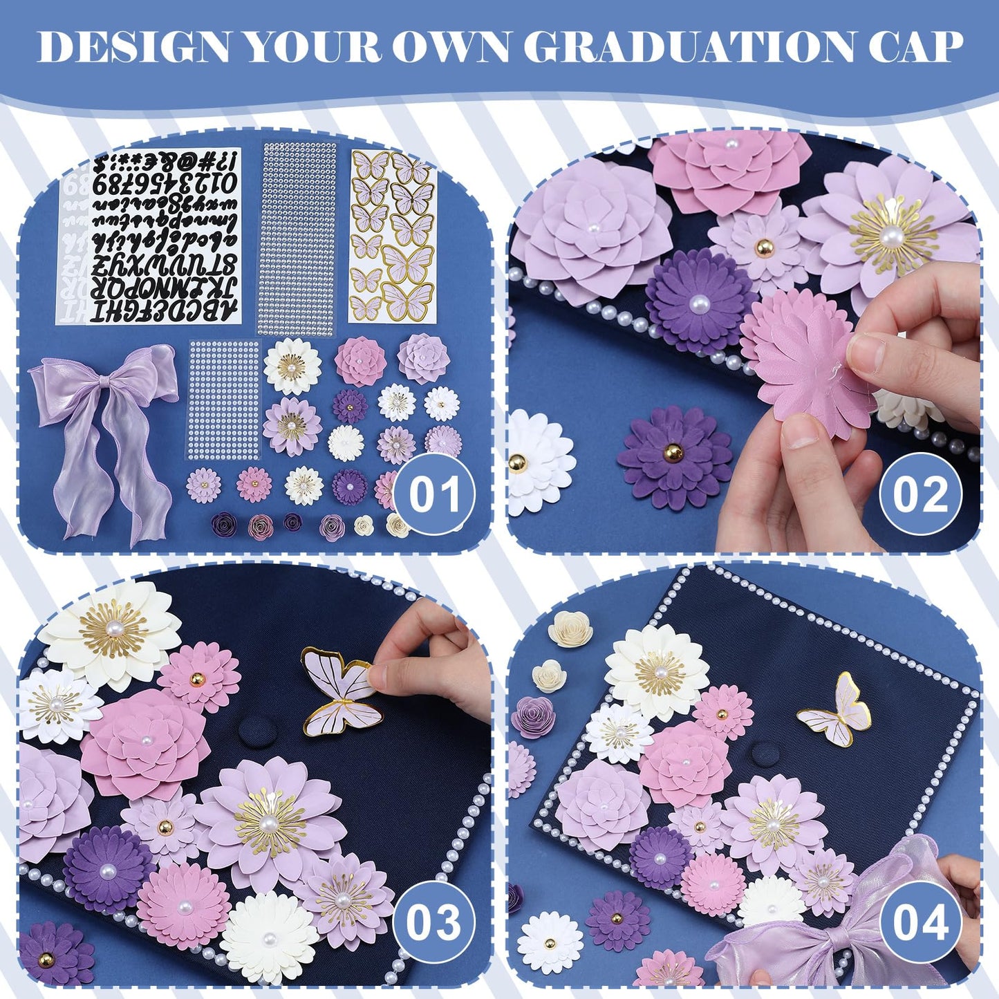MotiMind 46 Pcs DIY Graduation Cap Decorations Kit Included Paper Flowers, 3D Butterfly Stickers