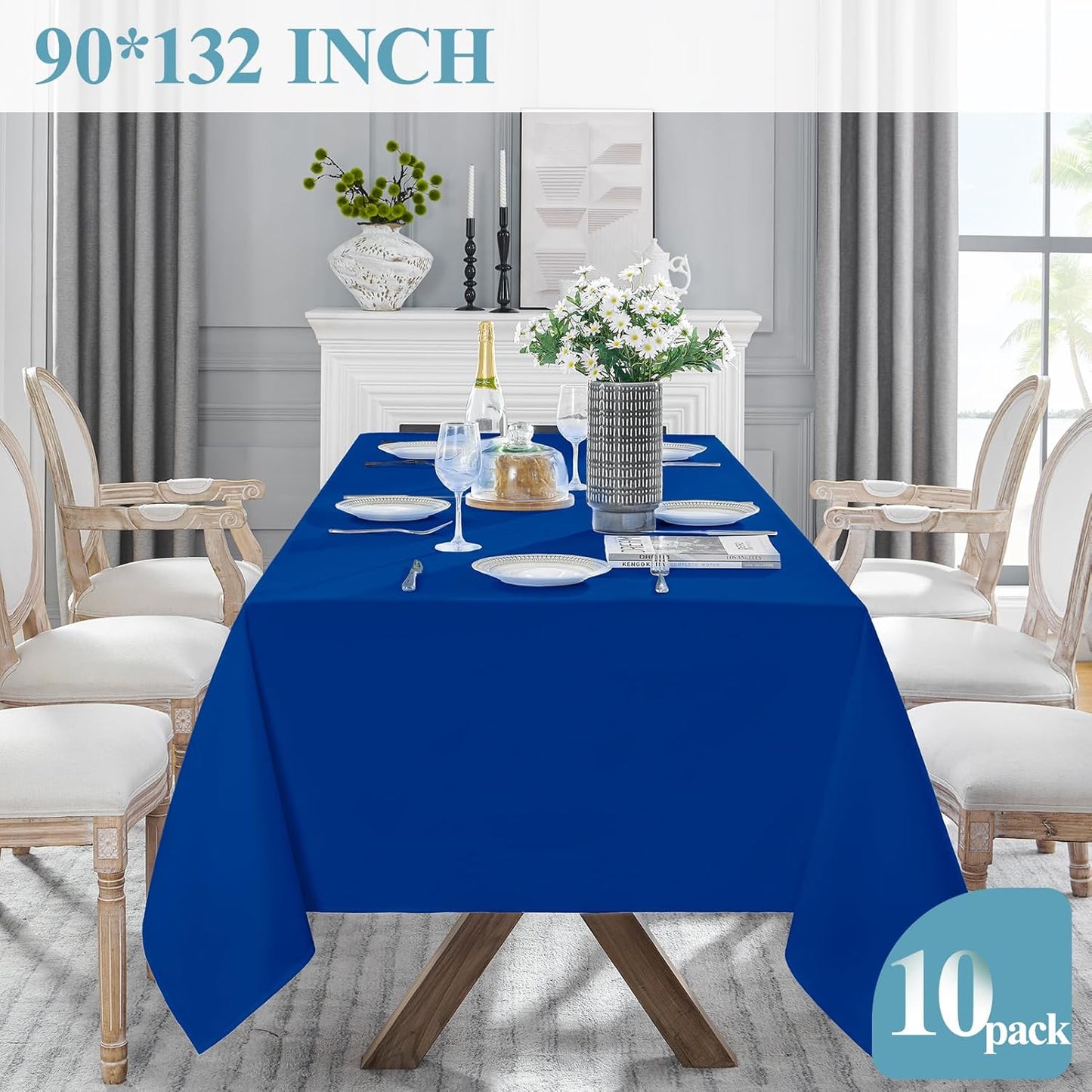 VidaFete Tablecloth 10 Pack 90*132inch Rectangle Table Cloth Polyester, Stain Wrinkle Resistant Polyester Dining Table Cover for Kitchen Dinning Party Wedding Rectangular Buffet Decoration(Royal Blue)