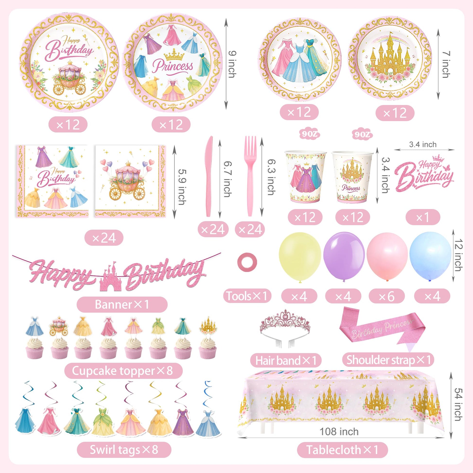 Princess Birthday Party Decorations – 199 PCS Princess Party Supplies for 24 Guests, Includes