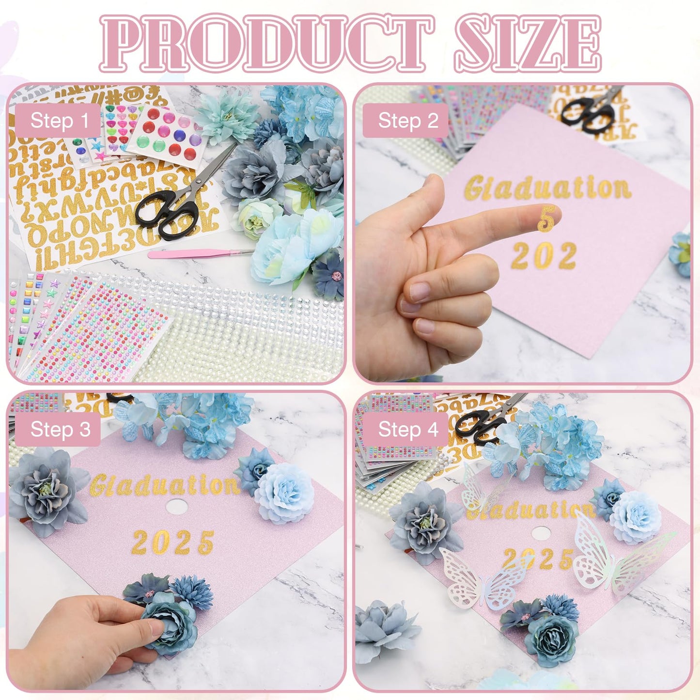 ZYNERY Graduation Cap Decorations Kit Grad Cap Topper Decor Includes Glitter Paper 3D Butterfly