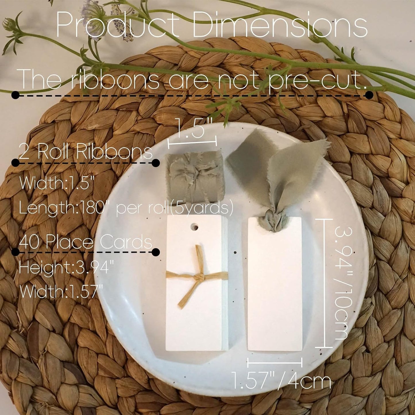 40 Pcs Place Cards for Table Setting - 3.94"X1.57" Table Name Cards with Dusty Green Ribbon Name Tags for Wedding Dinner Party Events