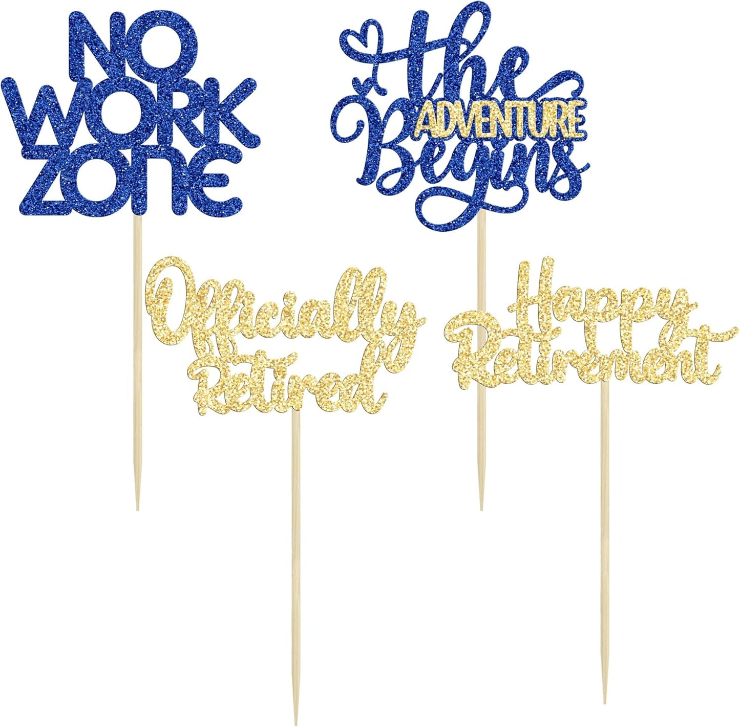 24Pcs Happy Retirement Cupcake Toppers Officially Retired Cake Toppers No Work Zone Adventure Begins Cupcake Picks Retirement Theme Farewell Birthday Party Decorations Supplies Gold Blue
