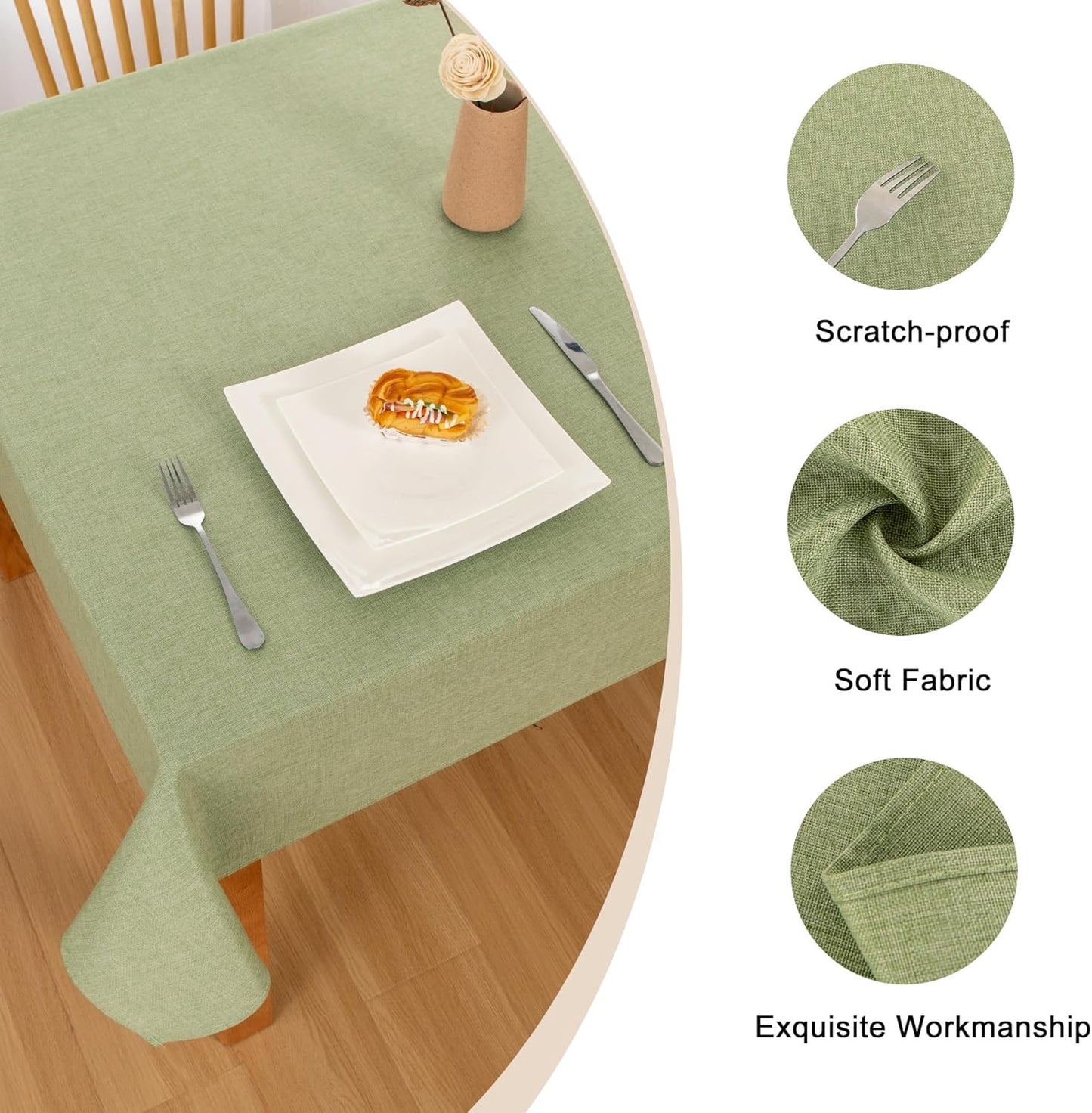Hiasan Faux Linen Rectangle Tablecloth - Wrinkle and Stain Resistant Washable Table Cloth for Kitchen Dining Room Holiday Table Cover for Dinner, Green, 60 x 102 Inch