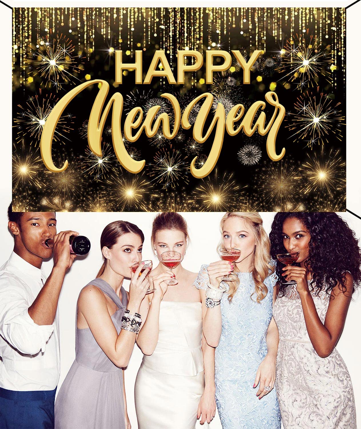 Happy New Year Hanging Extra Large Fabric Sign Poster Background Banner with Firework Pattern for