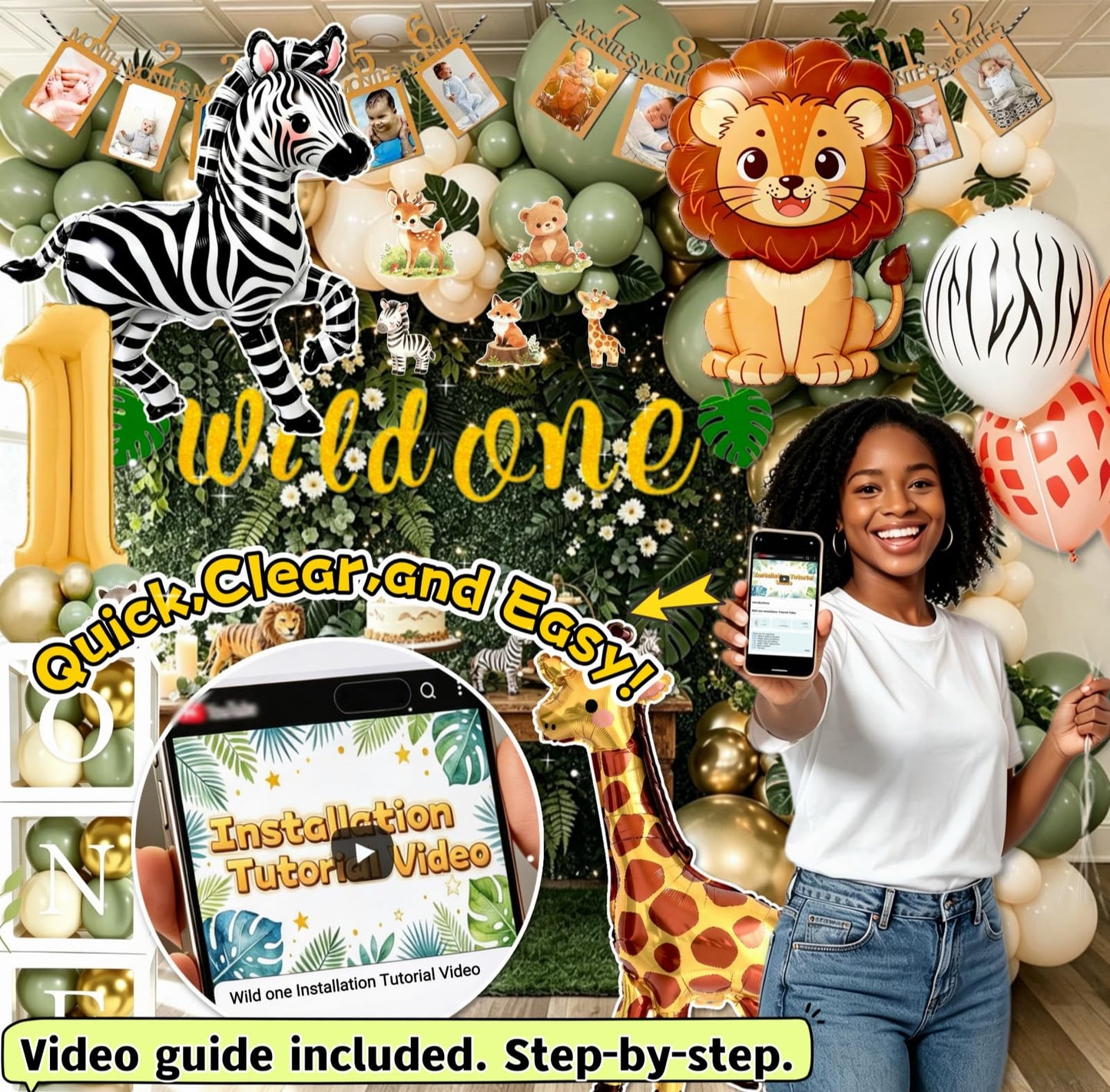 Daidle Wild One Birthday Decorations, 132Pcs Safari 1st Birthday Party Kit