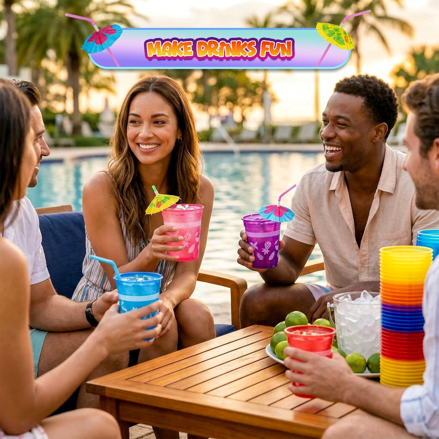 4E's Novelty 48 Packs Tropical Party Cups with Parasol Straws - Disposable Plastic Cups 16oz BPA