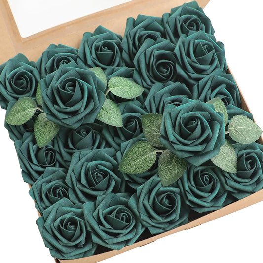 Floroom Artificial Flowers 25pcs Real Looking Peacock Green Foam Fake Roses with Stems for DIY Wedding Bouquets Bridal Shower Centerpieces Floral Arrangements Party Tables Home Decorations
