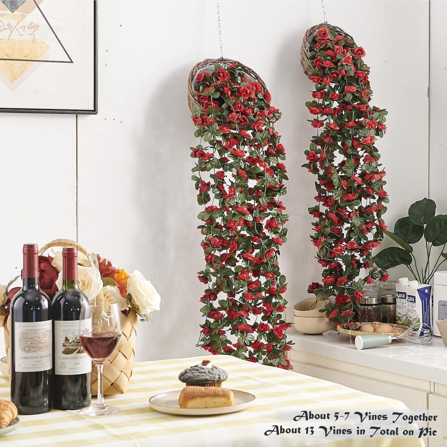 6 Pcs x 8.2 ft Flower Garland Artificial Rose Vine Flowers with Green Leaves Hanging Fake Roses Vine for Room Party Home Wedding Birthday Christmas Wall Arch Decor, Spring Red Flower