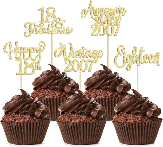 30Pcs Vintage 2007 Cupcake Toppers Glitter Eighteen Happy 18th Birthday 18 Fabulous Cupcake Picks Cheers to 18 Years for 18th Birthday Wedding Anniversary Party Cake Decorations Supplies Gold