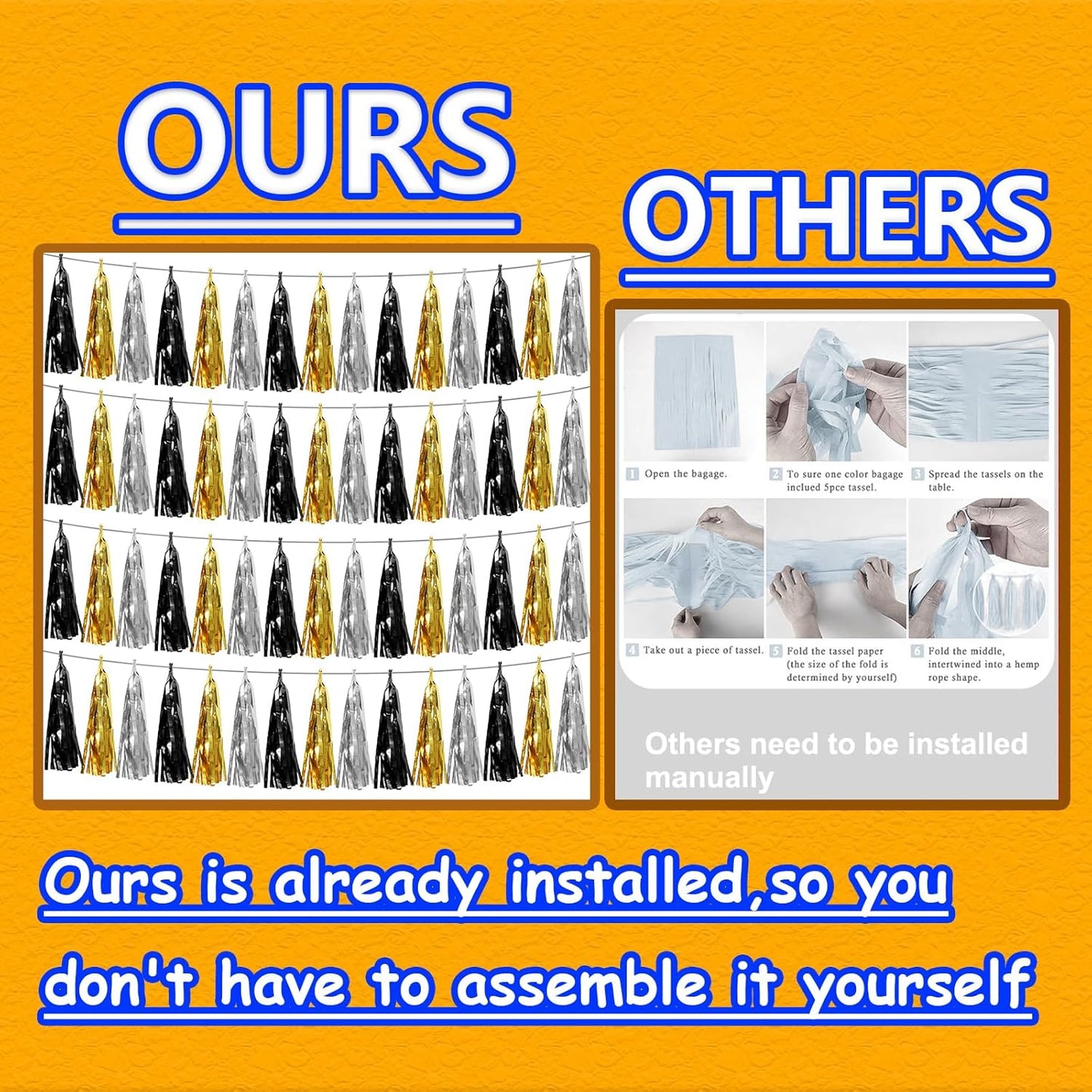 4P Black Gold Silver Foil Fringe Tassel Garland Banner Metallic Tinsel Streamers Wall Hanging Curtain Backdrop Banner for Parade Floats, 2025 Graduation Decorations,New Years Decorations, Father' Day