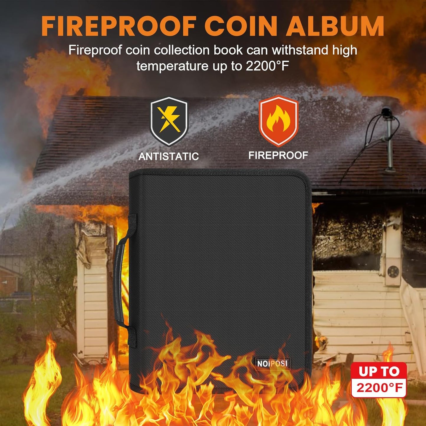 Coin Binder for Collectors with Handle, Fireproof 400 Pockets Coin Collection Album & 36 Paper Currency Book Sleeves, Coin and Bill Organizer Holder Supplies for Quarters, Pennies, 12.8x10.2x1.8inch