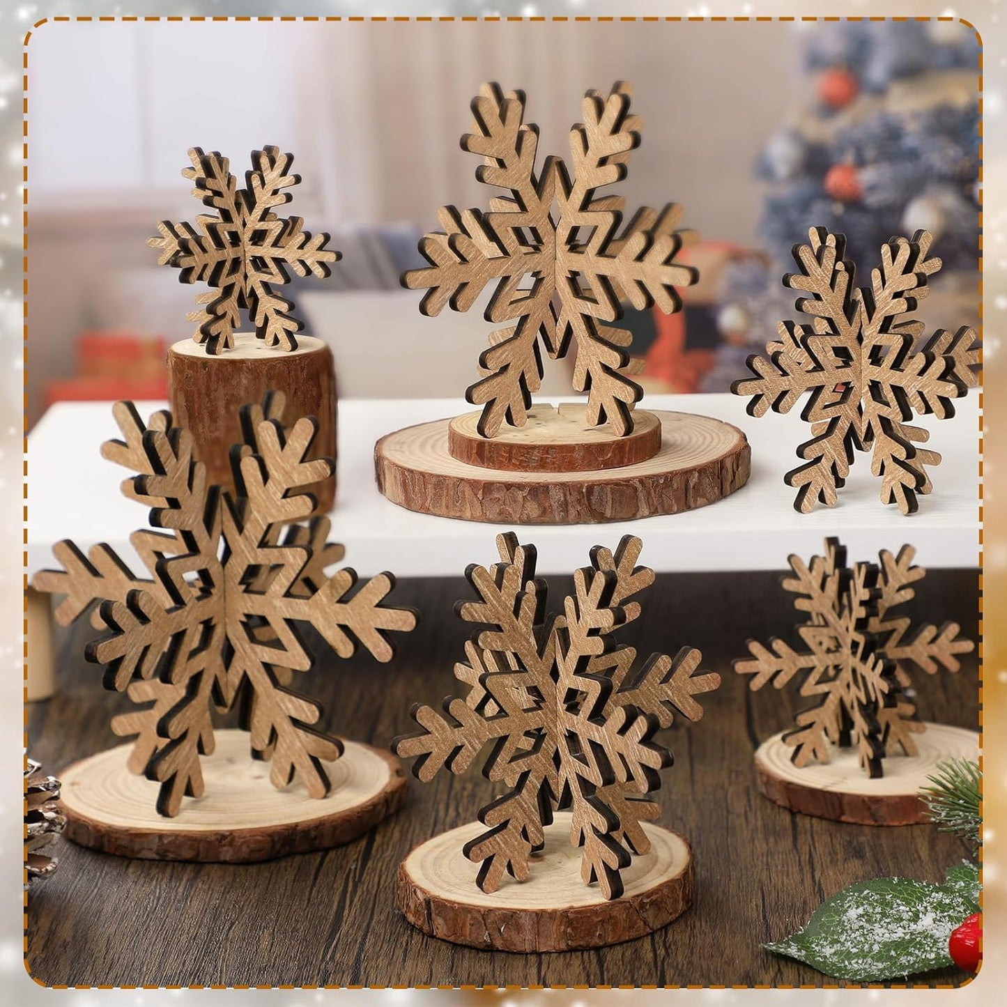 Bucherry 12 Pcs Wooden Snowflake Table Decor 3D Snowflake Tabletop Signs and Centerpiece for Christmas Winter Xmas Party Wonderland Decorations Home (Rustic Color)