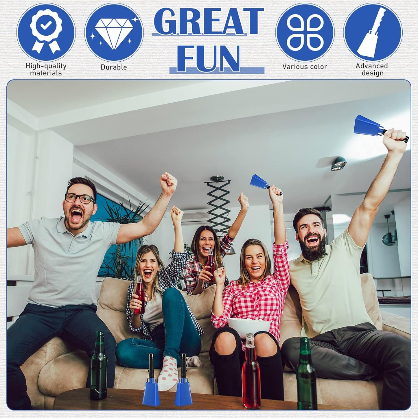 Pelopy 12 Pcs Large Cow Bell 9 '' Cowbell with Handle Cowbells for Sporting Events Hand Percussion Cheering Bell Chimes for Football Game, Alarm Loud Noise Makers, Musical Instrument(Blue)