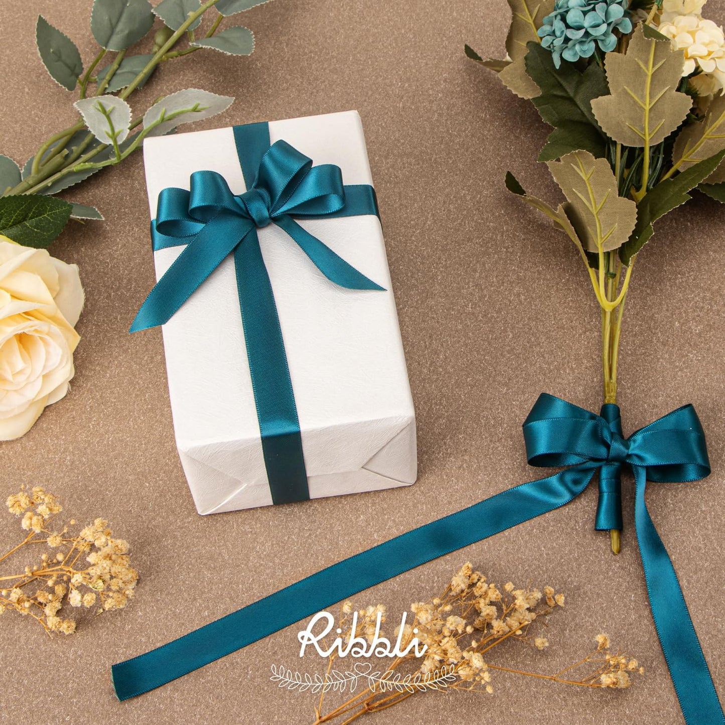 Ribbli Teal Satin Ribbon 5/8 inch x Continuous 25 Yards,Double Faced Satin Use for Craft, Gift Wrapping, Christmas Ornaments, Hair Bows, Bouquet Bows