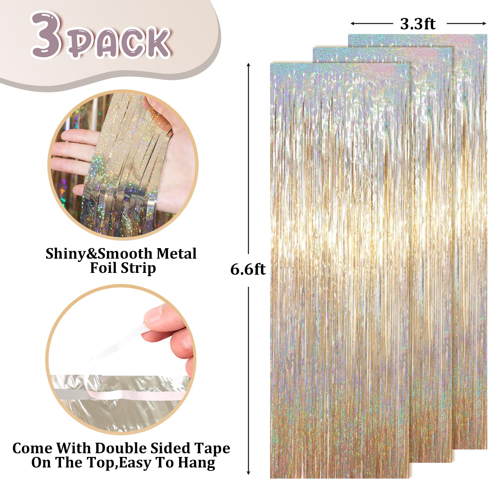Voircoloria Champagne Foil Fringe Backdrop Curtains, 3.3x6.6ft, 3pcs