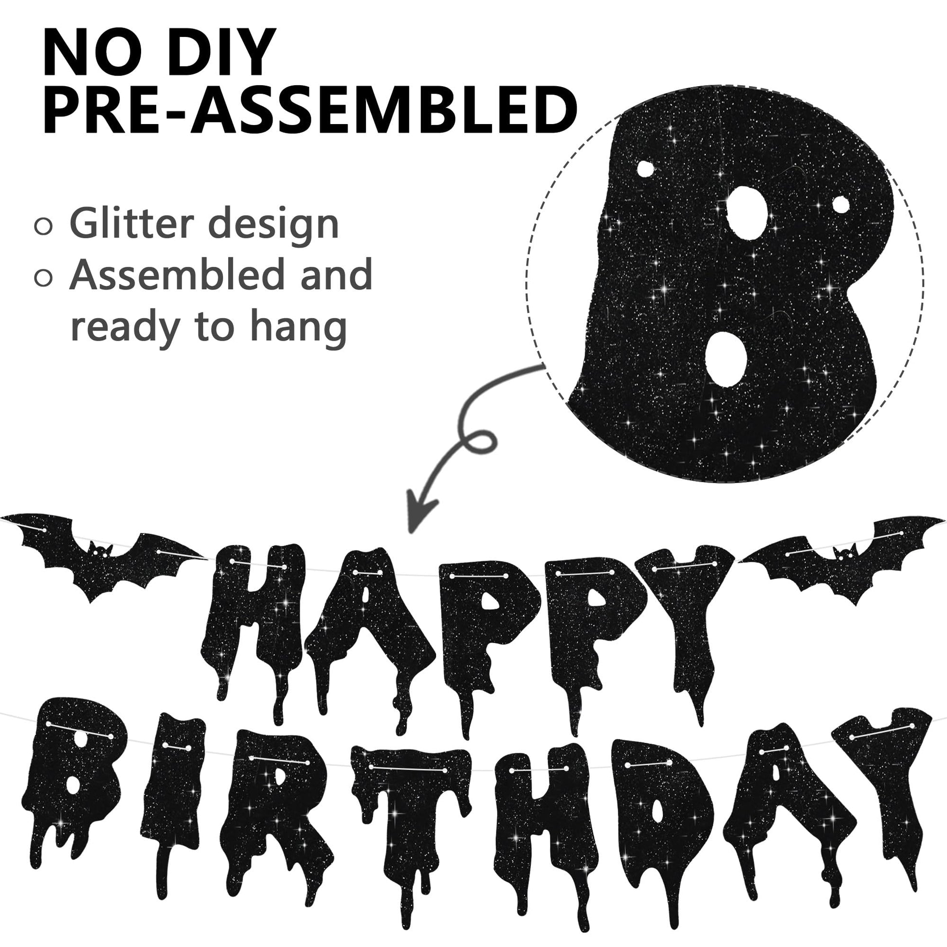 RICHHHA Glitter Black Glitter Happy Birthday Halloween Banner- NO DIY - Halloween Hanging Paper