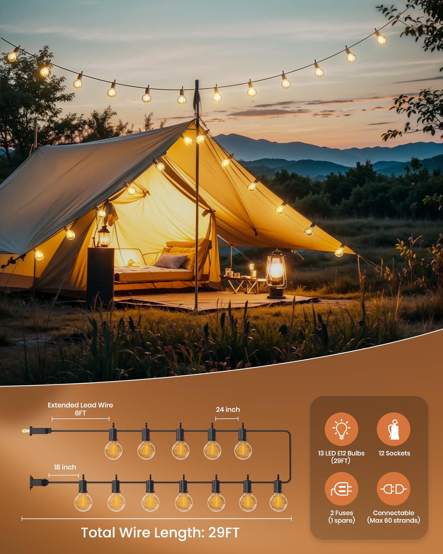 Brightown Outdoor String Lights, 29FT G40 LED IP65 Waterproof Patio Lights