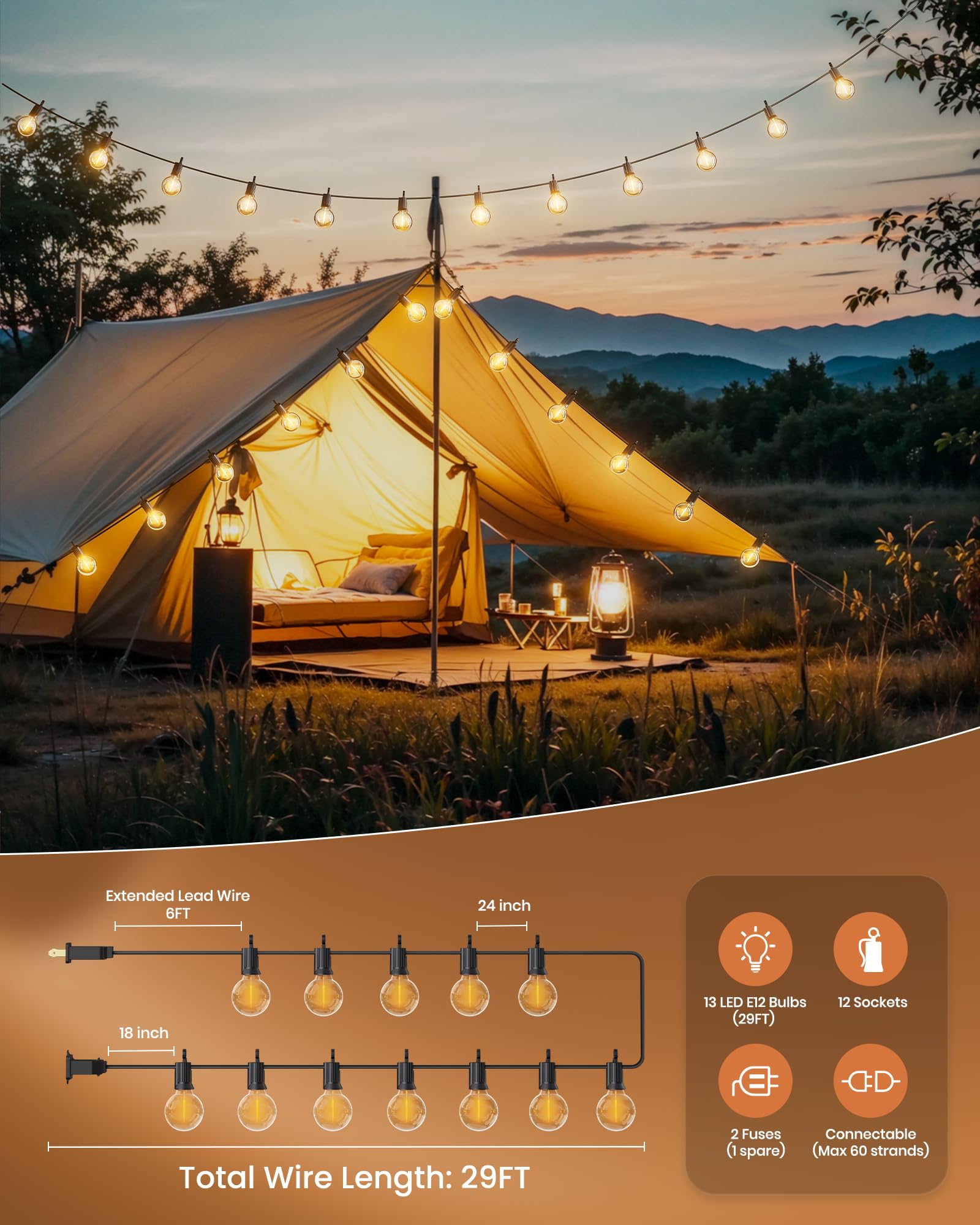 Brightown Outdoor String Lights, 29FT G40 LED IP65 Waterproof Patio Lights