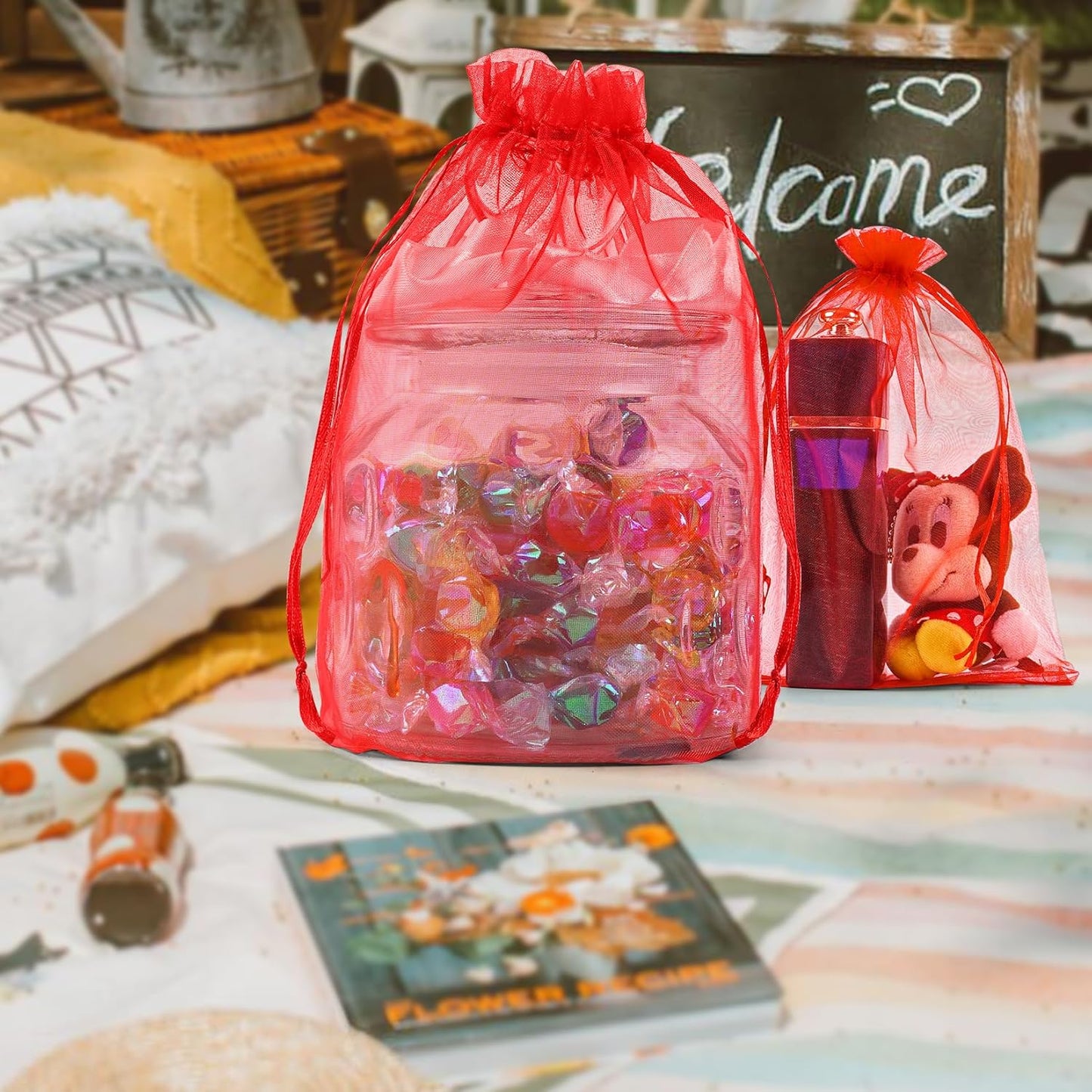 ANZNKU 50 Pack Red Organza Bags 6x9 inches Mesh Bags Drawstring, Sheer Mesh Bag Drawstring, Gift Bag for Party, Christmas Wedding Mesh Festival Makeup Favor Pouch