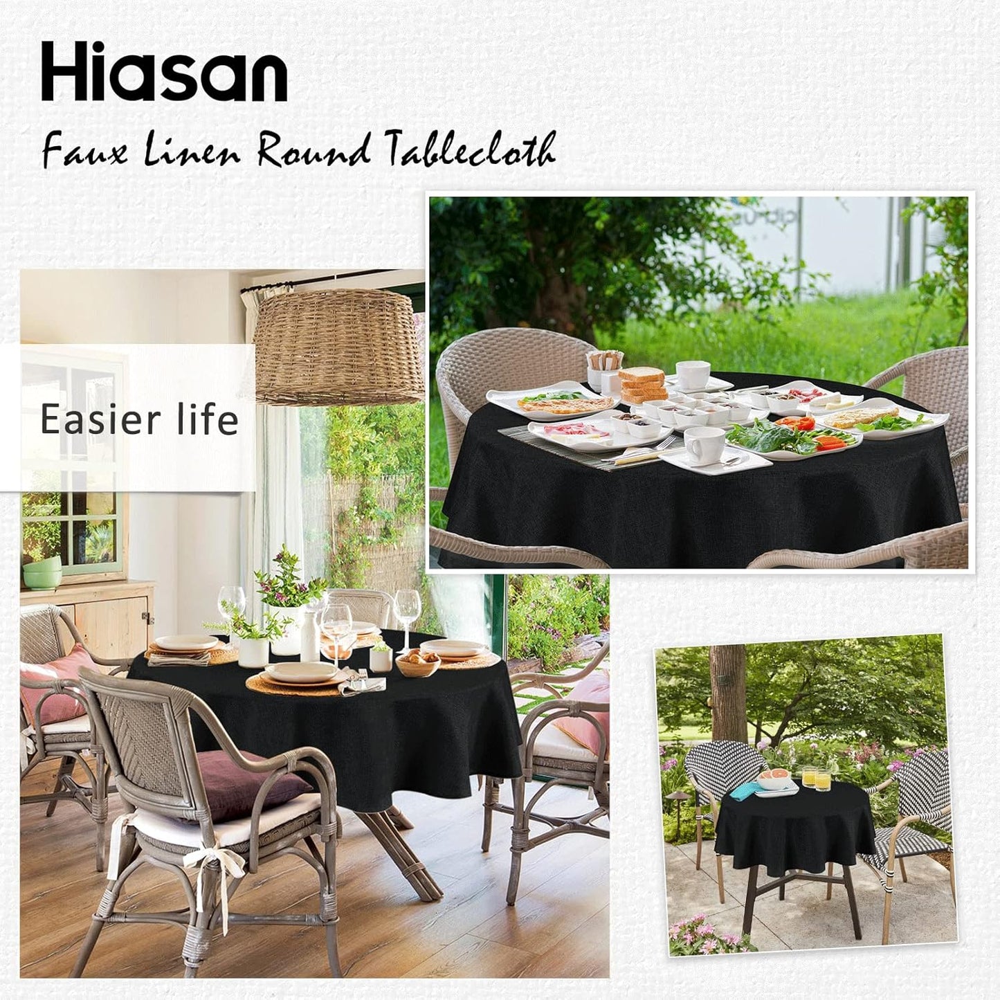 Hiasan Round Linen Tablecloth 70 Inch - Wrinkle and Stain Resistant Washable Polyester Fabric Table Cloth for Dining Room Kitchen Party, Black