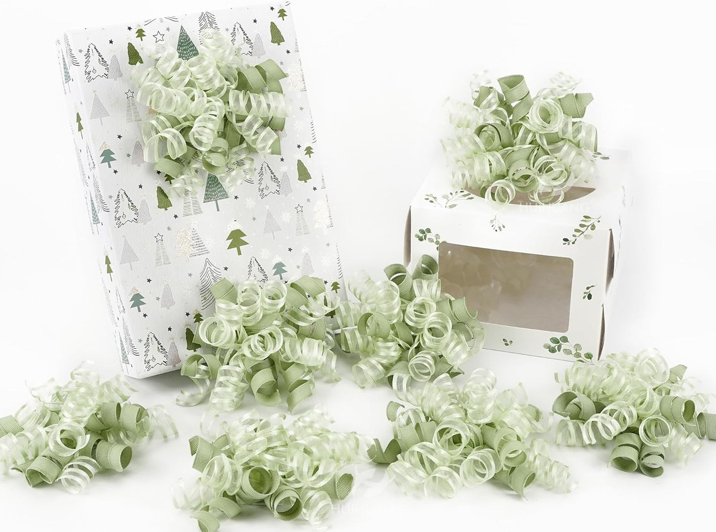 HUIHUANG Green Bows for Gift Wrapping Sage Green Gift Bows 5 inch x 8 Counts Self-Adhesive Curly Ribbon Bow for Presents, Paper Bag, Baby Shower Favors, Wrapping Accessories, Wedding Decor