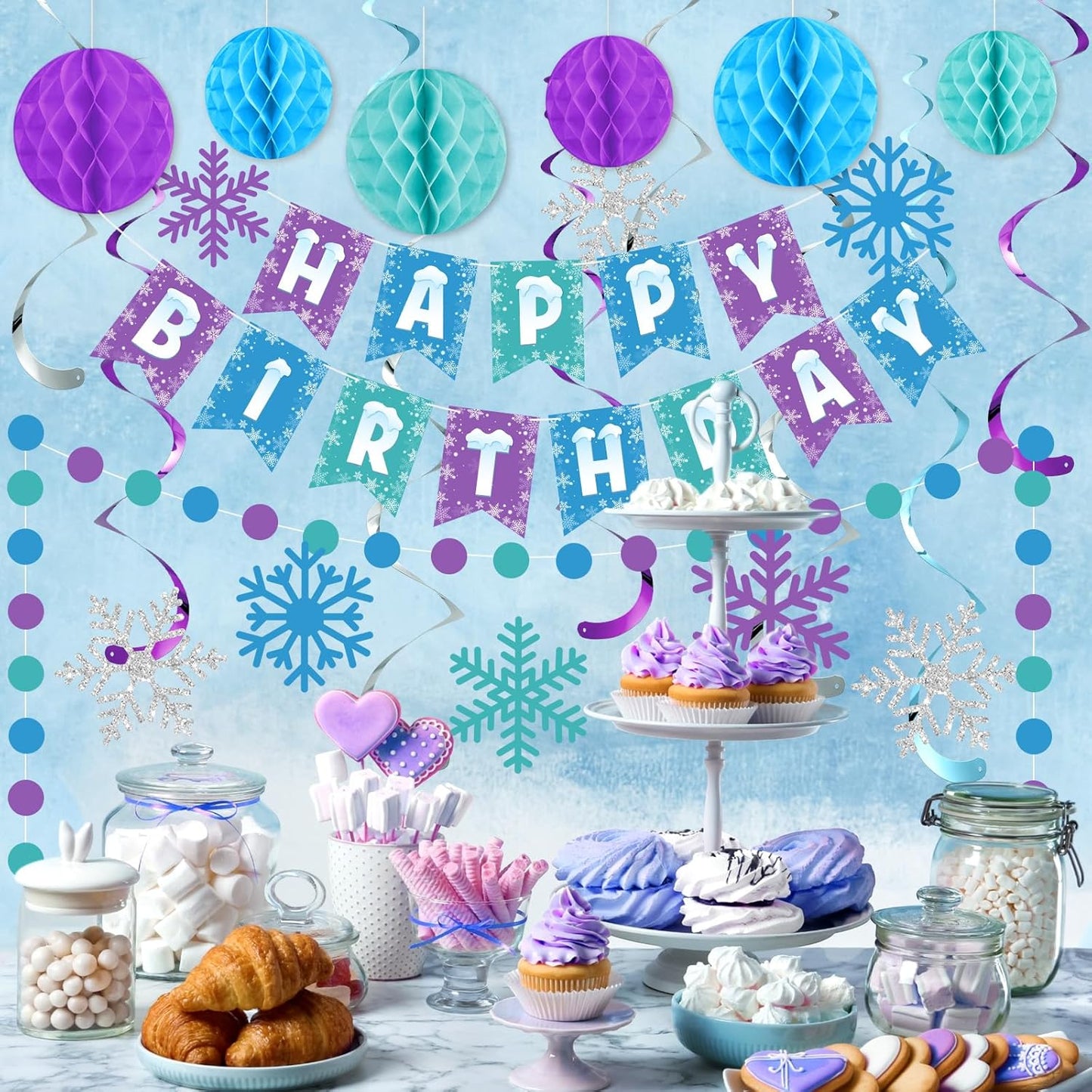 Funrous Snowflake Birthday Decorations Happy Birthday Banner Snowflake Hanging Swirls Honeycomb Balls Circle Dots Garland for Winter Princess Party Supplies