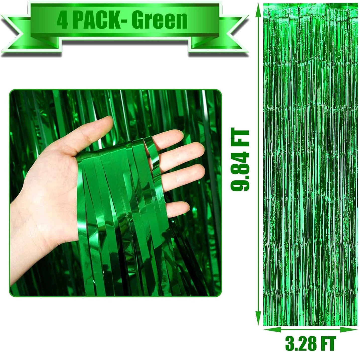 4 Pack Green Foil Fringe Curtain Backdrop, 3.3Ft x 9.8Ft Metallic Tinsel Foil Fringe Streamers Curtains for Photo Booth, Wedding, Thanksgiving, Birthday, Christmas, Halloween Party Decoration