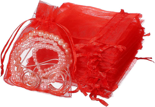 uxcell 50 Pcs Organza Gift Bags, 2.7x3.5 Inch Drawstring Pouches Jewelry Gift Bags, Small Wedding Favor Pouches for Christmas Birthday Wedding Goodie Candy Candle, Red