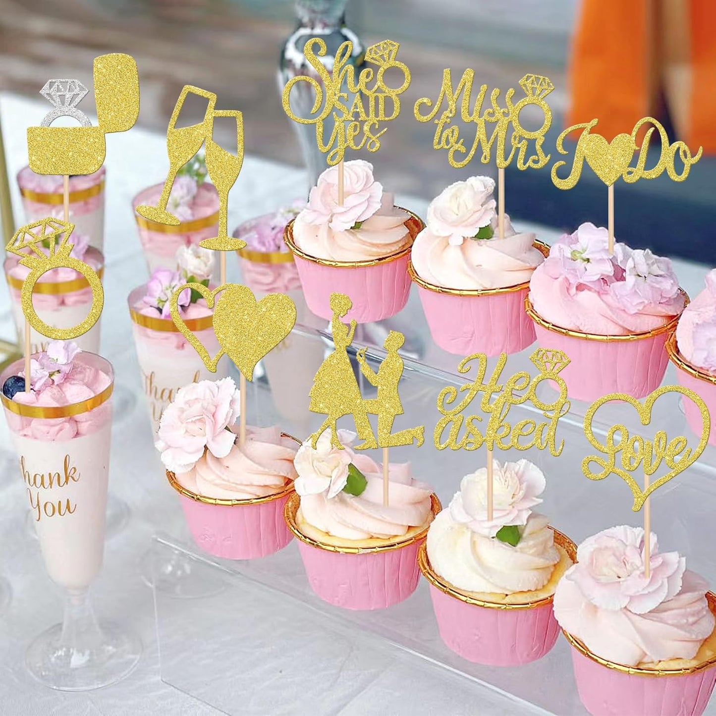 30 PCS He Asked She Said Yes Cupcake Toppers Glitter Engagement Cupcake Toppers Miss to Mrs I Do Love Heart Ring Miss to Mrs Cupcake Picks for Wedding Engagement Party Cake Decorations Supplies Gold