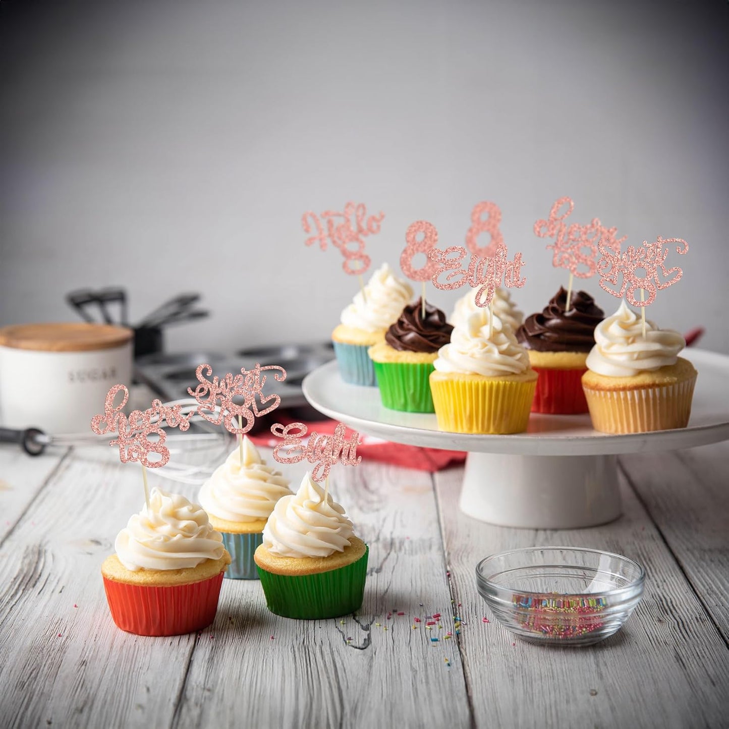 30Pcs 8th Birthday Cupcake Toppers Glitter Eight Hello 8 Cupcake Picks Cheers to 8 Years Old Cake Decorations for 8th Birthday Party Supplies Rose Gold